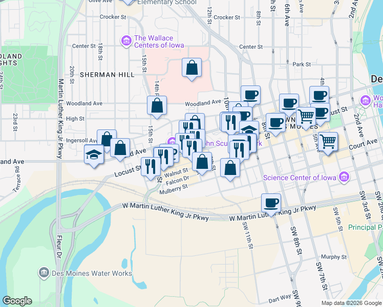 map of restaurants, bars, coffee shops, grocery stores, and more near 309 13th Street in Des Moines