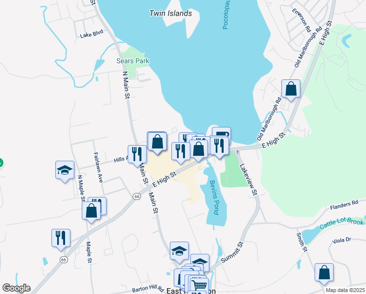 map of restaurants, bars, coffee shops, grocery stores, and more near 60 Mallard Cove in East Hampton