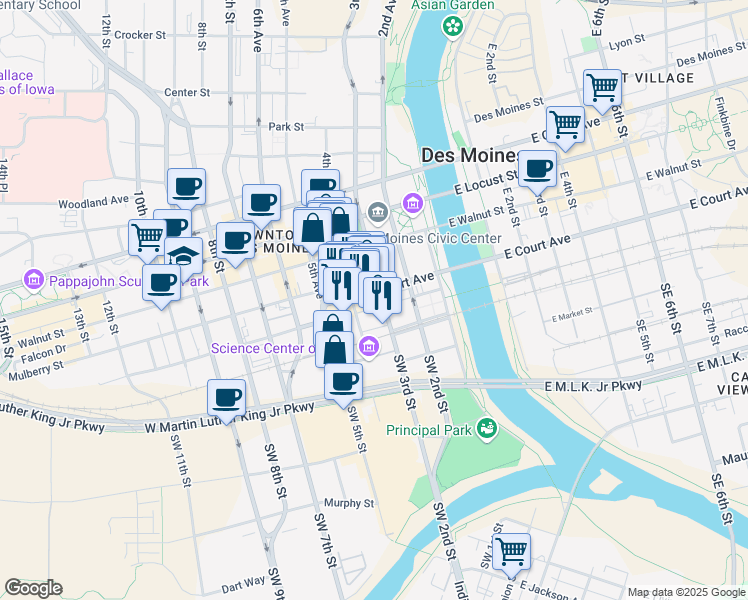 map of restaurants, bars, coffee shops, grocery stores, and more near 316 Court Avenue in Des Moines