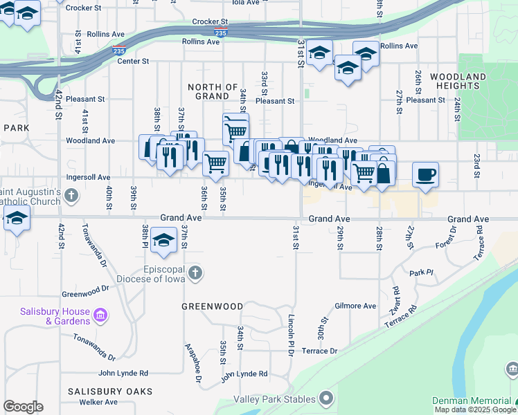 map of restaurants, bars, coffee shops, grocery stores, and more near 3333 Grand Avenue in Des Moines