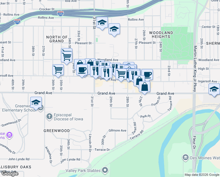 map of restaurants, bars, coffee shops, grocery stores, and more near 2901 Grand Avenue in Des Moines