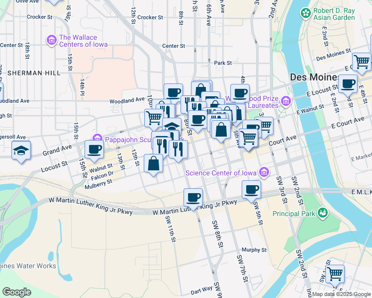 map of restaurants, bars, coffee shops, grocery stores, and more near in Des Moines