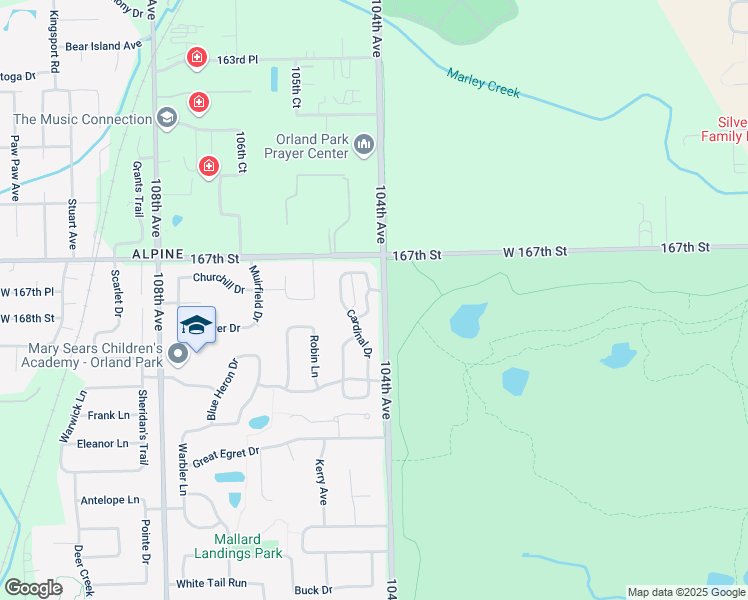 map of restaurants, bars, coffee shops, grocery stores, and more near 16747 Winterberry Lane in Orland Park