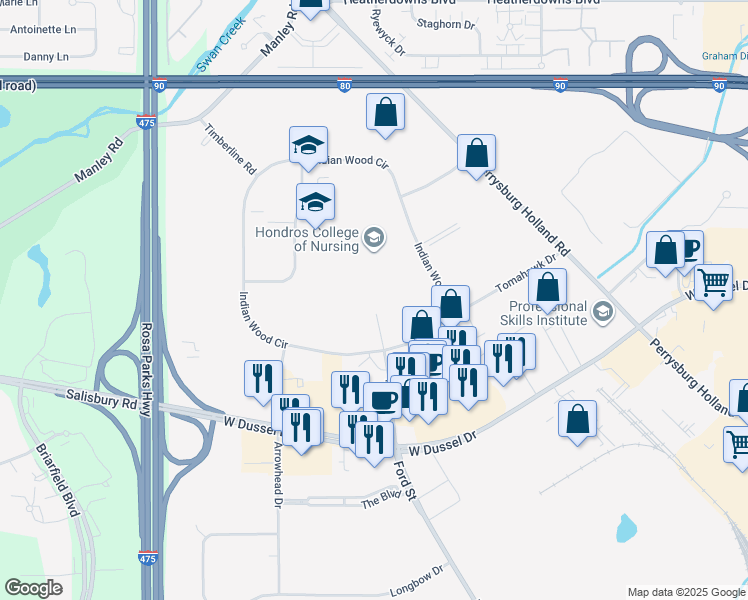 map of restaurants, bars, coffee shops, grocery stores, and more near 1901 Indian Wood Circle in Maumee