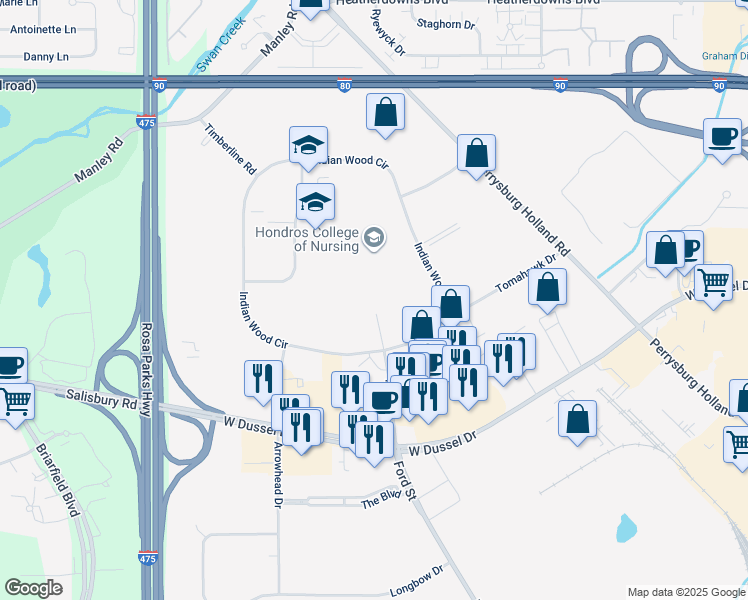 map of restaurants, bars, coffee shops, grocery stores, and more near 1901 Indian Wood Circle in Maumee