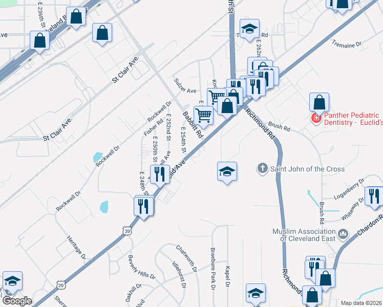 map of restaurants, bars, coffee shops, grocery stores, and more near 25450 Euclid Avenue in Euclid