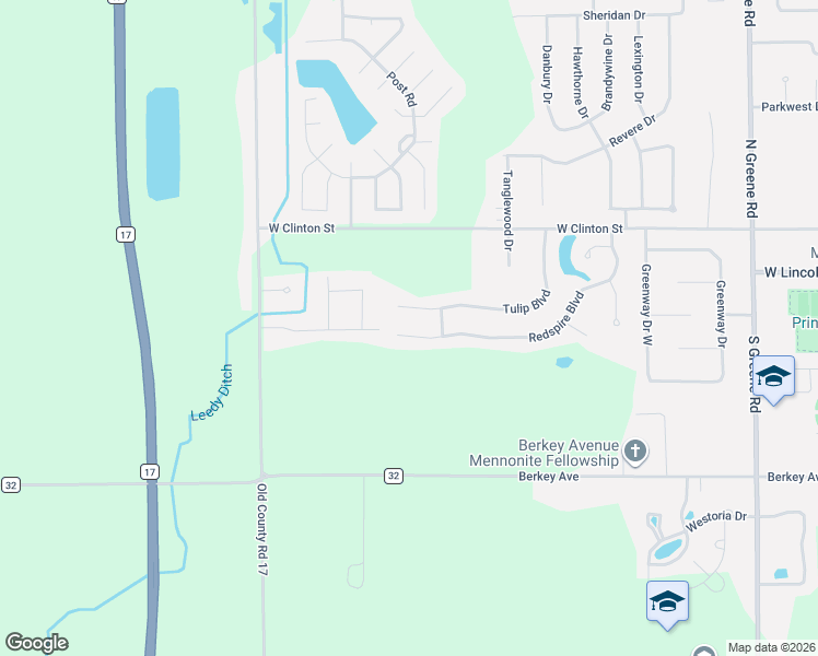 map of restaurants, bars, coffee shops, grocery stores, and more near 2603 Redspire Boulevard in Goshen