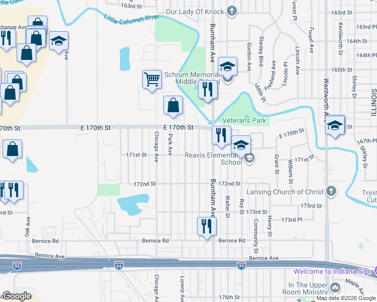 map of restaurants, bars, coffee shops, grocery stores, and more near 17103 Lorenz Avenue in Lansing