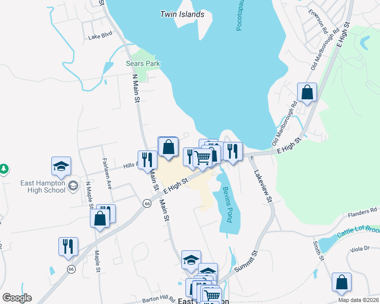 map of restaurants, bars, coffee shops, grocery stores, and more near Unnamed Road in East Hampton