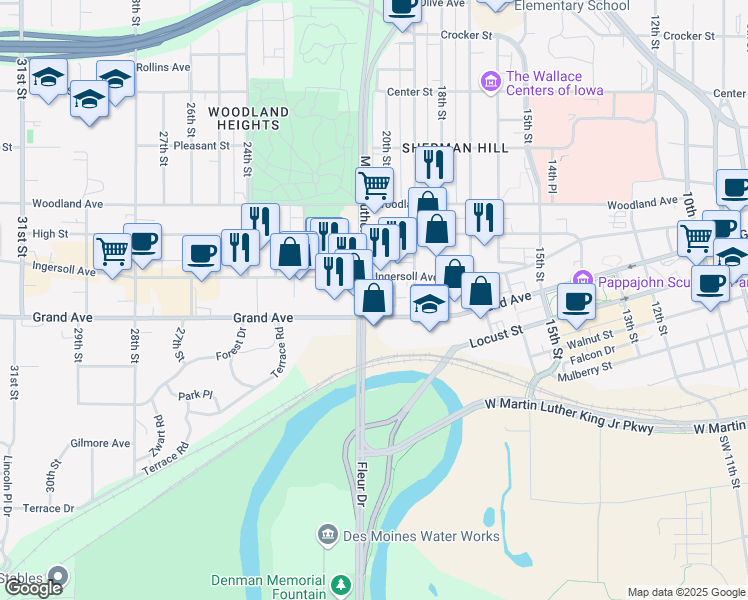map of restaurants, bars, coffee shops, grocery stores, and more near 2021 Grand Avenue in Des Moines
