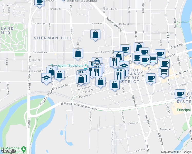 map of restaurants, bars, coffee shops, grocery stores, and more near Locust Street & 13th Street in Des Moines