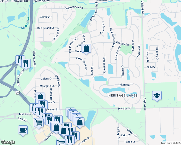 map of restaurants, bars, coffee shops, grocery stores, and more near 3413 Legacy Drive in Joliet
