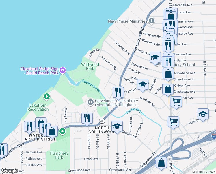 map of restaurants, bars, coffee shops, grocery stores, and more near 853 Hoover Road in Cleveland
