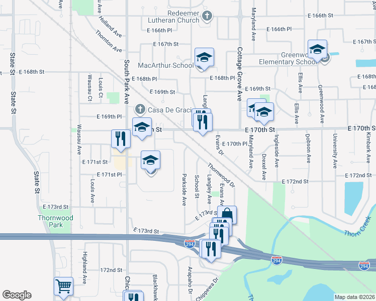 map of restaurants, bars, coffee shops, grocery stores, and more near 17100 School Street in South Holland