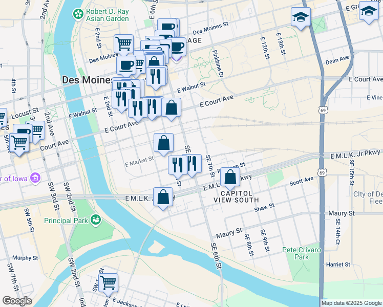 map of restaurants, bars, coffee shops, grocery stores, and more near 301 Southeast 6th Street in Des Moines