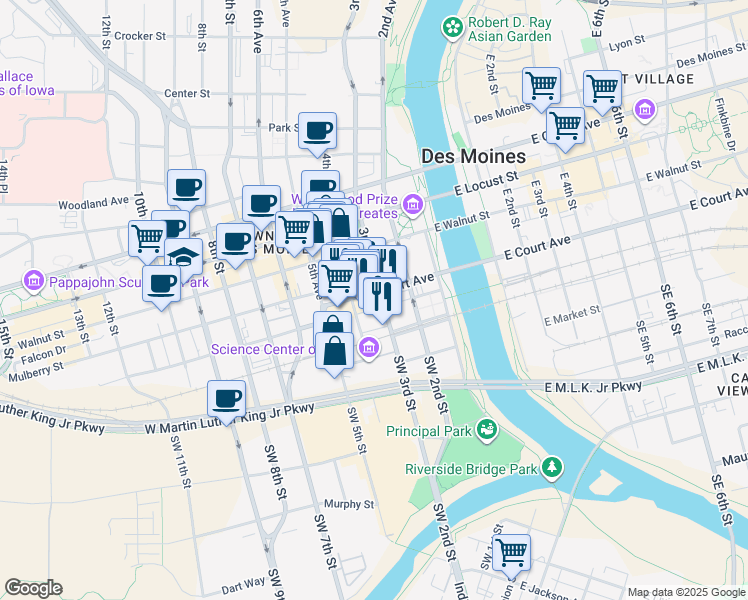 map of restaurants, bars, coffee shops, grocery stores, and more near 316 Court Avenue in Des Moines
