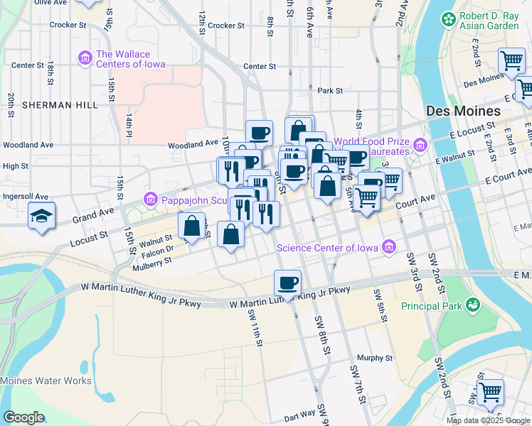 map of restaurants, bars, coffee shops, grocery stores, and more near in Des Moines