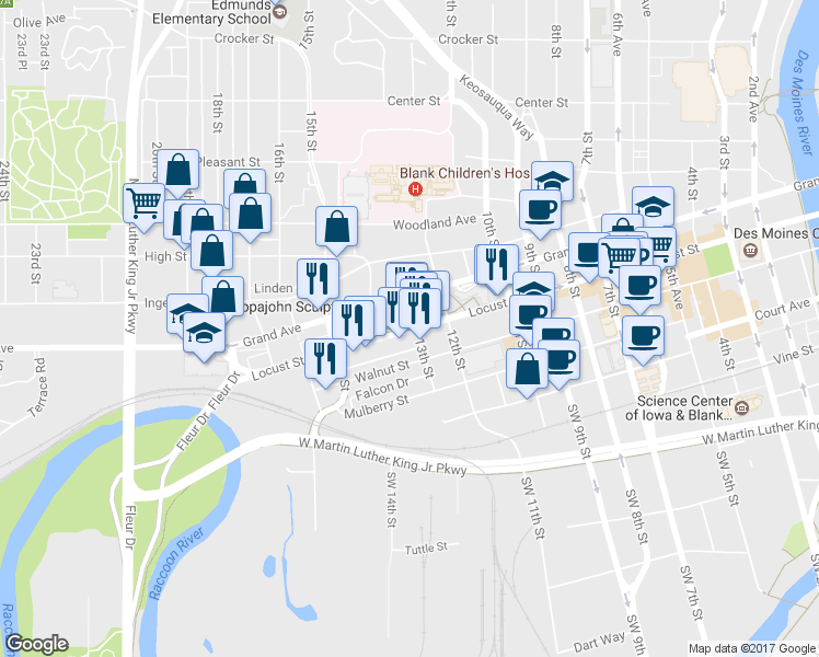 map of restaurants, bars, coffee shops, grocery stores, and more near 1402 Locust Street in West Des Moines