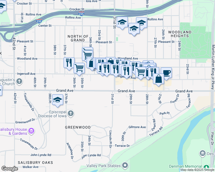 map of restaurants, bars, coffee shops, grocery stores, and more near 3103 Grand Avenue in Des Moines