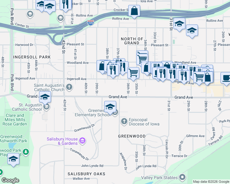 map of restaurants, bars, coffee shops, grocery stores, and more near 3722 Grand Avenue in Des Moines