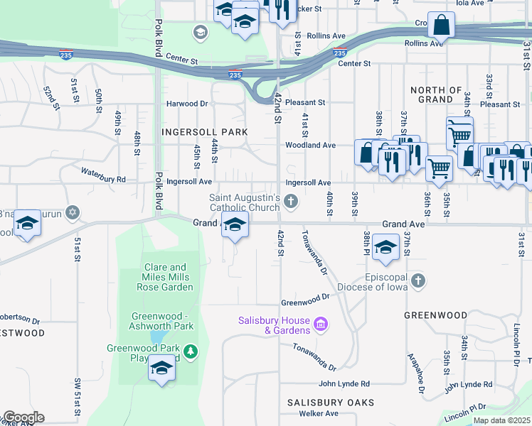 map of restaurants, bars, coffee shops, grocery stores, and more near 4211 Grand Avenue in Des Moines