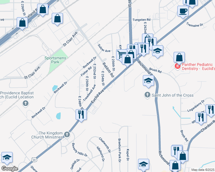 map of restaurants, bars, coffee shops, grocery stores, and more near 25450 Euclid Avenue in Euclid