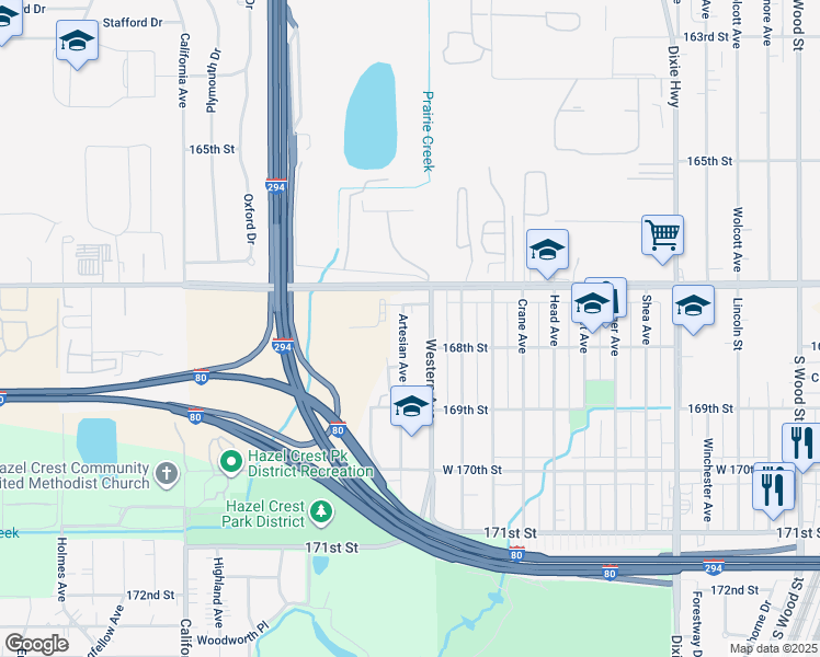 map of restaurants, bars, coffee shops, grocery stores, and more near 16759 Artesian Avenue in Hazel Crest
