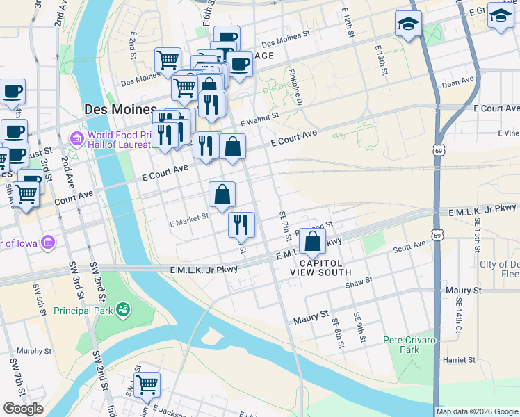 map of restaurants, bars, coffee shops, grocery stores, and more near 301 Southeast 6th Street in Des Moines