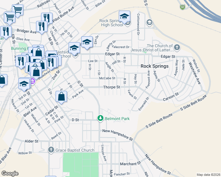 map of restaurants, bars, coffee shops, grocery stores, and more near 1200 Thorpe Street in Rock Springs