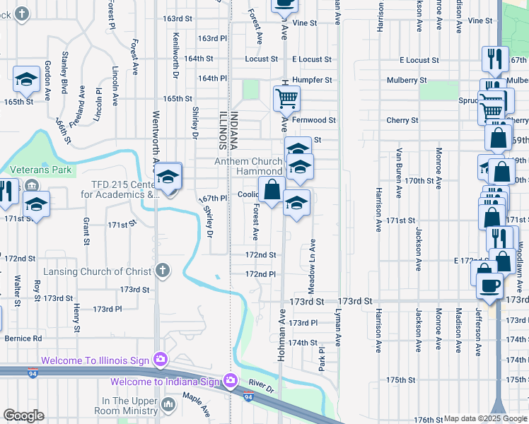 map of restaurants, bars, coffee shops, grocery stores, and more near 7105 Forest Avenue in Hammond