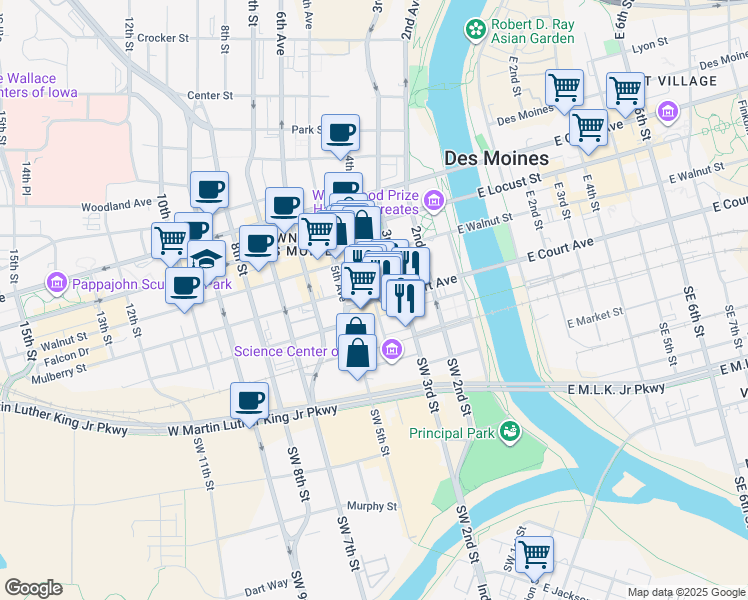 map of restaurants, bars, coffee shops, grocery stores, and more near East 4th Street in Des Moines