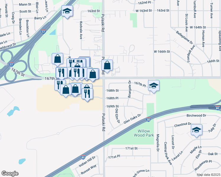 map of restaurants, bars, coffee shops, grocery stores, and more near 16767 Sunset Ridge Drive in Country Club Hills