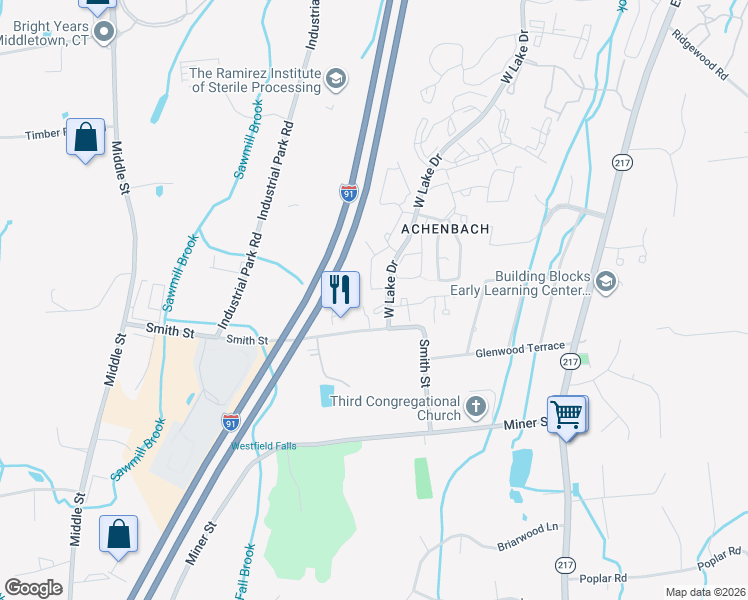 map of restaurants, bars, coffee shops, grocery stores, and more near 2 West Meadow Lane in Middletown