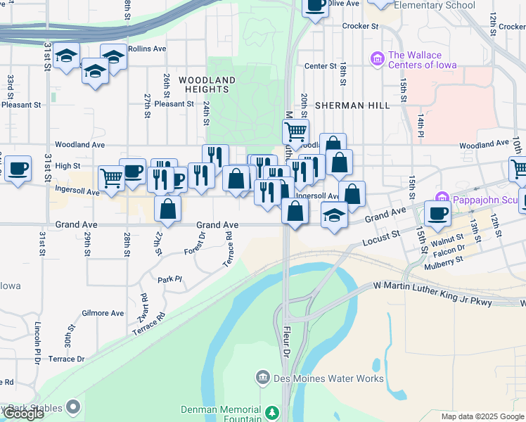 map of restaurants, bars, coffee shops, grocery stores, and more near 2137 Grand Avenue in Des Moines