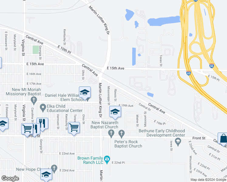 map of restaurants, bars, coffee shops, grocery stores, and more near 1744 Illinois Street in Gary