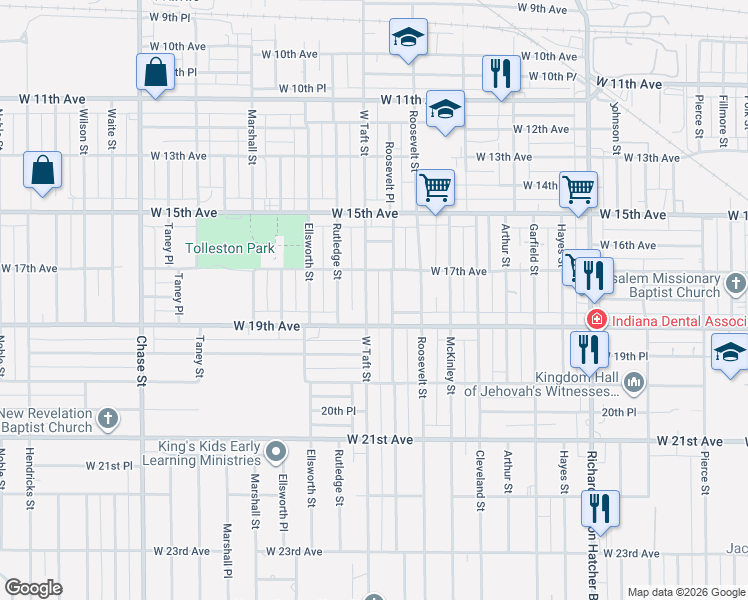 map of restaurants, bars, coffee shops, grocery stores, and more near 1796 Taft Street in Gary