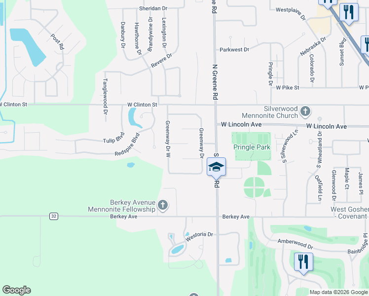 map of restaurants, bars, coffee shops, grocery stores, and more near 17 Westfield Park in Goshen