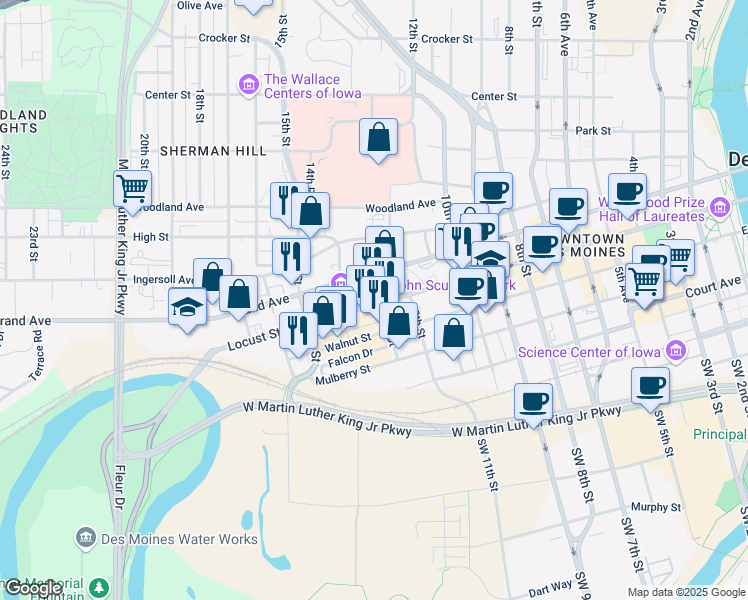 map of restaurants, bars, coffee shops, grocery stores, and more near 1402 Locust Street in West Des Moines
