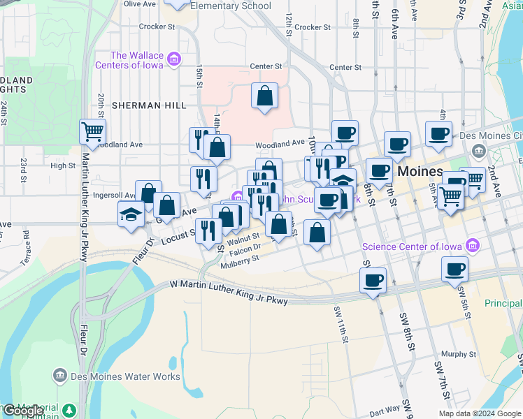 map of restaurants, bars, coffee shops, grocery stores, and more near 1402 Locust Street in West Des Moines