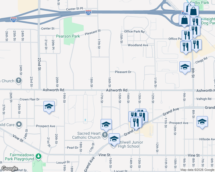 map of restaurants, bars, coffee shops, grocery stores, and more near 1610 Ashworth Road in West Des Moines