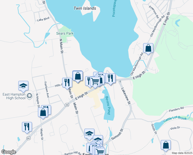 map of restaurants, bars, coffee shops, grocery stores, and more near 60 Mallard Cove in East Hampton