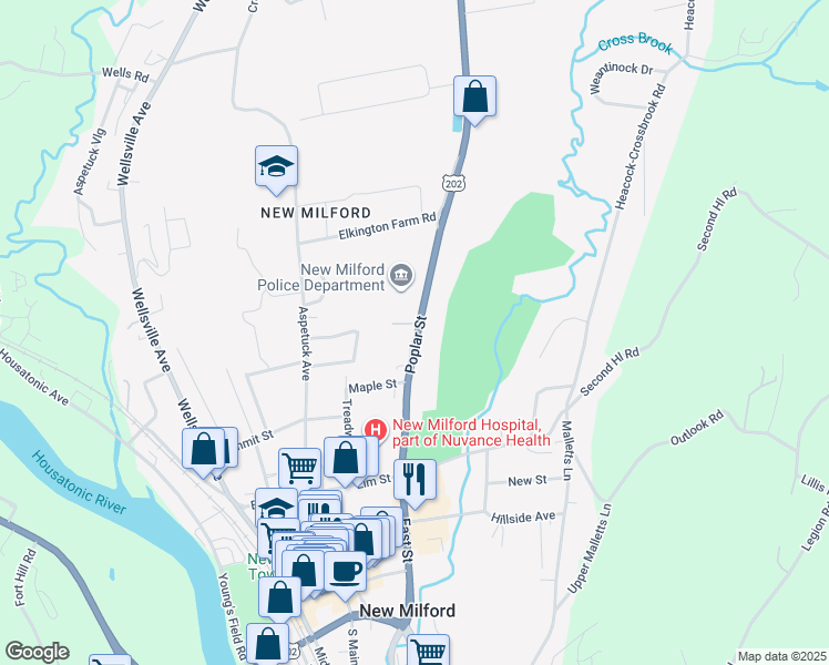 map of restaurants, bars, coffee shops, grocery stores, and more near 34 Poplar Street in New Milford