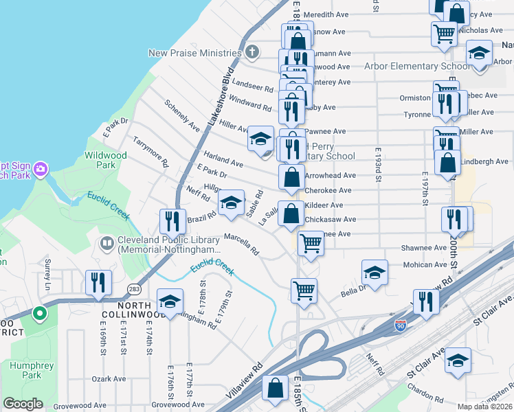 map of restaurants, bars, coffee shops, grocery stores, and more near 18211 La Salle Road in Cleveland