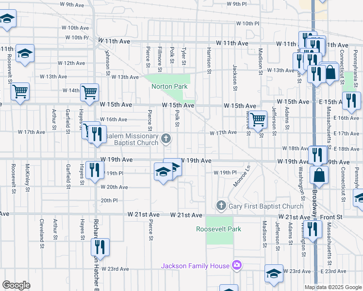 map of restaurants, bars, coffee shops, grocery stores, and more near 902 West 19th Avenue in Gary