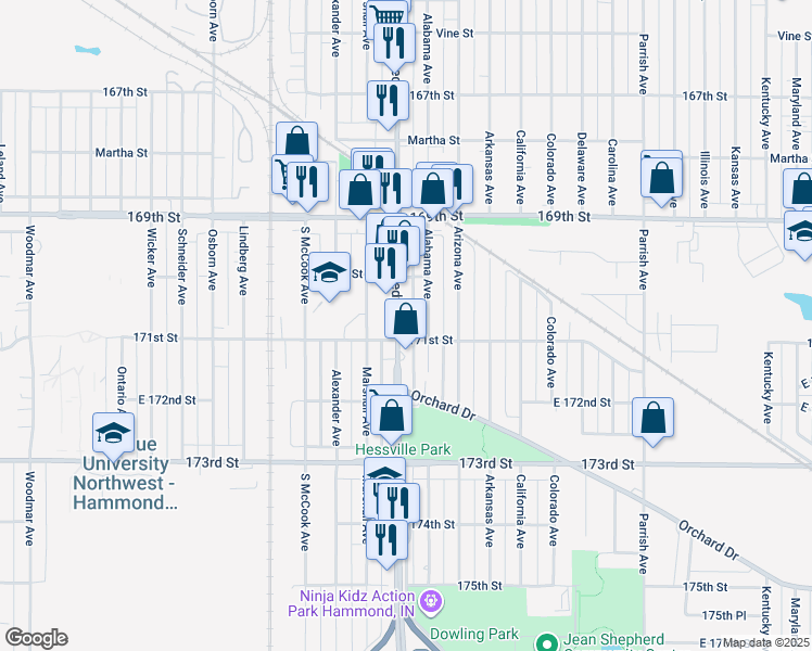 map of restaurants, bars, coffee shops, grocery stores, and more near 7104 Kennedy Avenue in Hammond