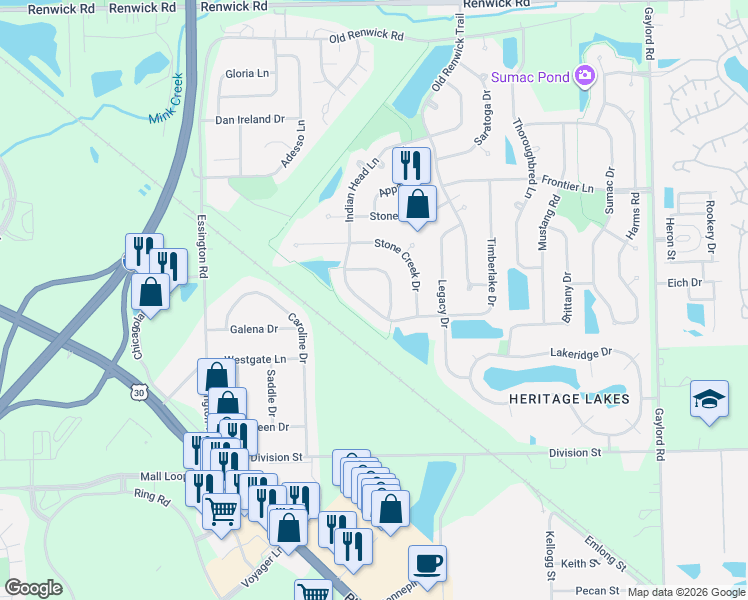 map of restaurants, bars, coffee shops, grocery stores, and more near 3407 Indian Head Lane in Joliet