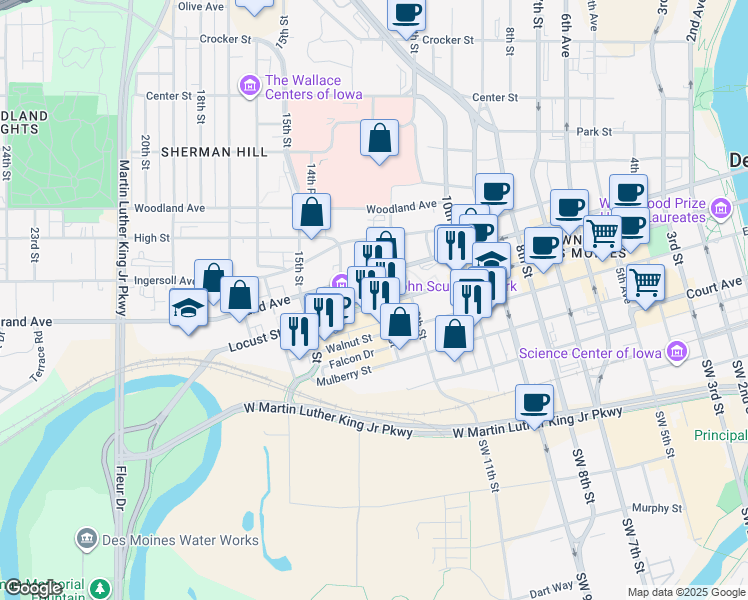 map of restaurants, bars, coffee shops, grocery stores, and more near 1402 Locust Street in West Des Moines