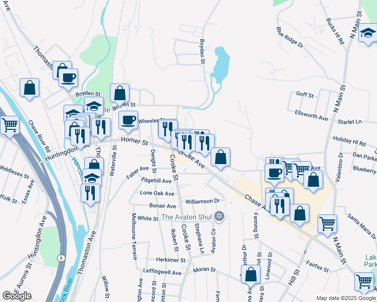 map of restaurants, bars, coffee shops, grocery stores, and more near 577 Chase Avenue in Waterbury