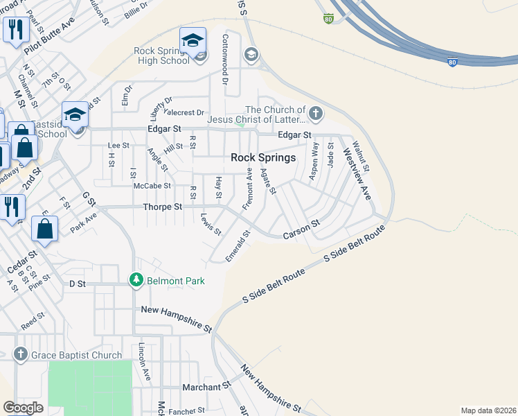 map of restaurants, bars, coffee shops, grocery stores, and more near 421 Emerald St in Rock Springs