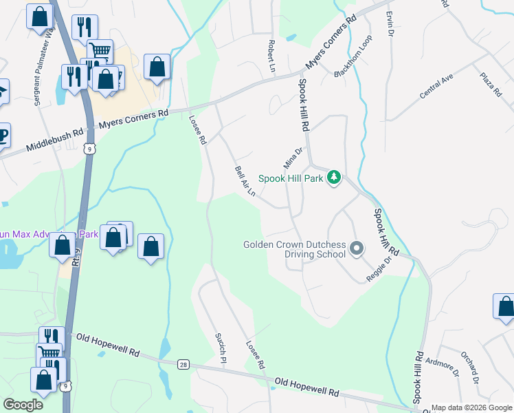 map of restaurants, bars, coffee shops, grocery stores, and more near 26 Bell Air Lane in Wappingers Falls